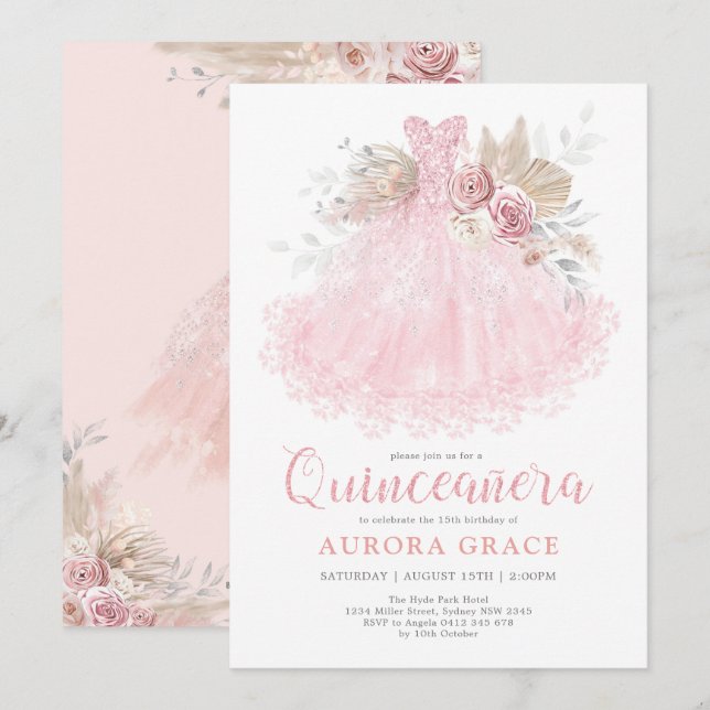 Invitation Robe rose Quinceañera Mis Quince 15 Años (Devant / Derrière)