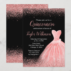 Invitation Robe rose rose Faux Parties scintillant Quinceaner