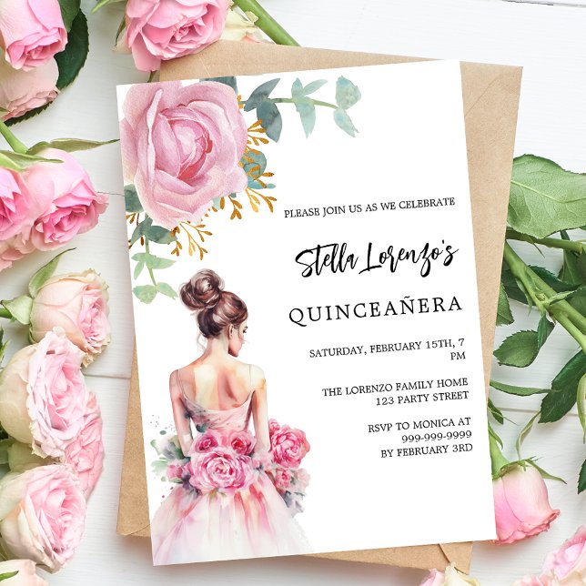 Invitation Robe rose rose floral Quinceanera luxe (Créateur téléchargé)