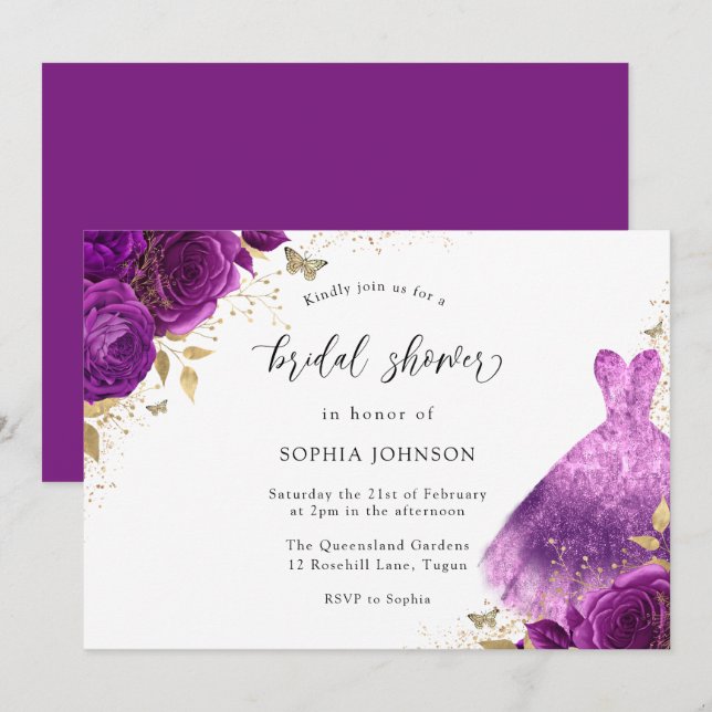 Invitation Robe Rose violet et or étincelante Fête des mariée (Devant / Derrière)