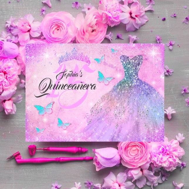 Invitation Robe rose violet Turquoise étincelle Quinceanera (Créateur téléchargé)