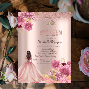 Invitation Robe Roses Roses Glitter Or Rose  Douce 16