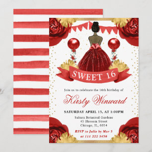 Invitation Robe rouge aquarelle Peau noire Princesse Sweet 16