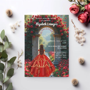 Invitation Robe rouge arche rose Quinceanera