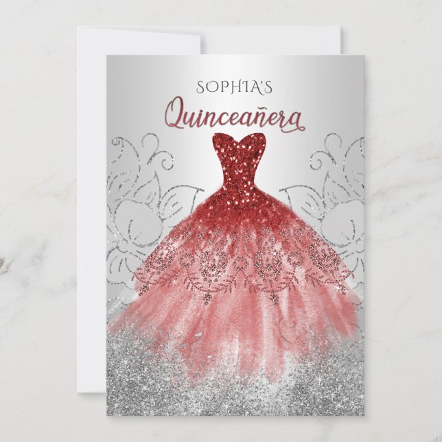 Invitation Robe rouge argenté Quinceañera Quince (Devant)