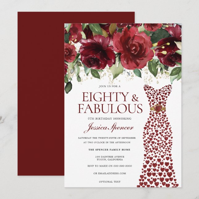 Invitation Robe Rouge Bourgogne 80 & Fabuleux 80e anniversair (Devant / Derrière)