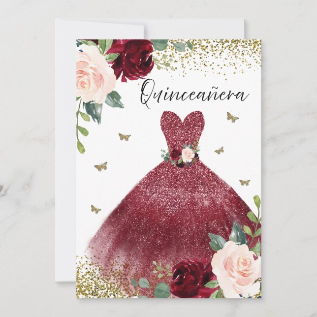 Invitation Robe rouge Bourgogne Blush Floral Quinceanera (Devant)