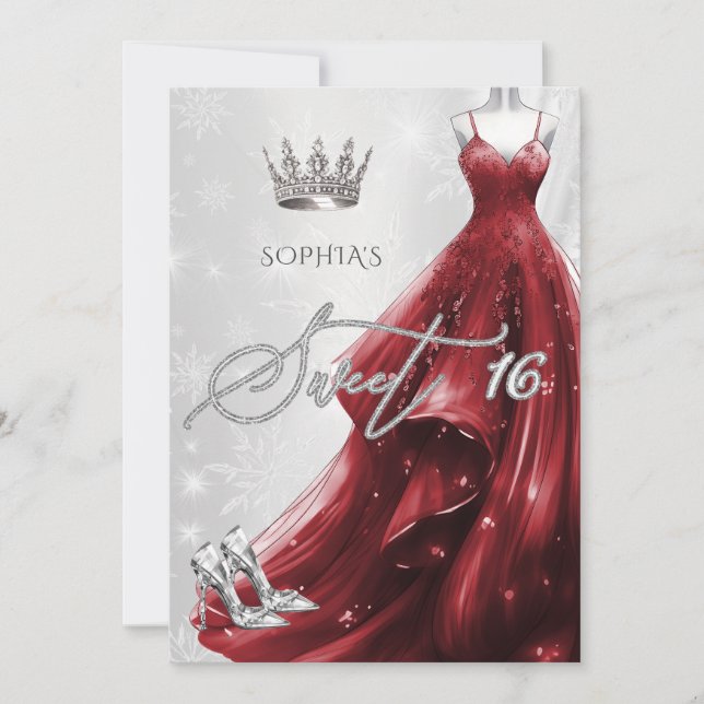 Invitation Robe rouge Bourgogne Snowflakes Winter Sweet 16 (Devant)