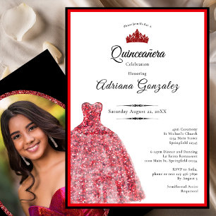 Invitation Robe rouge élégante 15e anniversaire Quinceanera