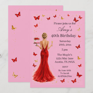 Invitation Robe rouge élégante et papillons 40e anniversaire