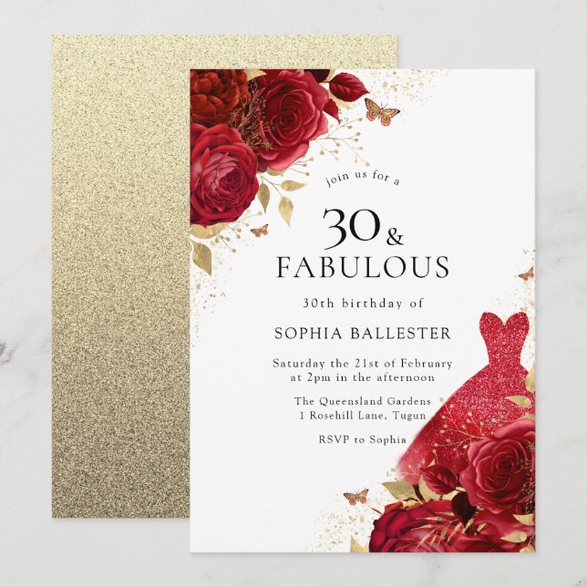Invitation Robe rouge et Parties scintillant d'or Rose 30e an (Devant / Derrière)