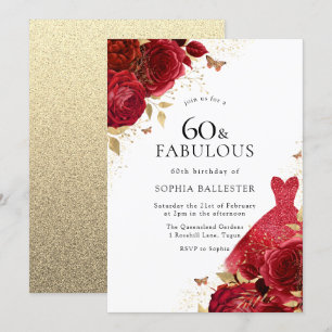 Invitation Robe rouge et Parties scintillant d'or Rose 60e an