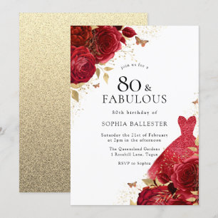 Invitation Robe rouge et Parties scintillant d'or Rose 80e an