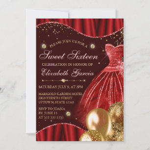 Invitation Robe rouge et Parties scintillant or Ballons doux