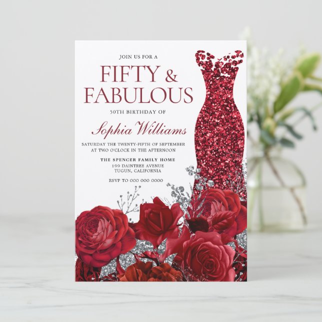 Invitation Robe rouge étincelante & Rose 50e anniversaire Shi (Debout devant)
