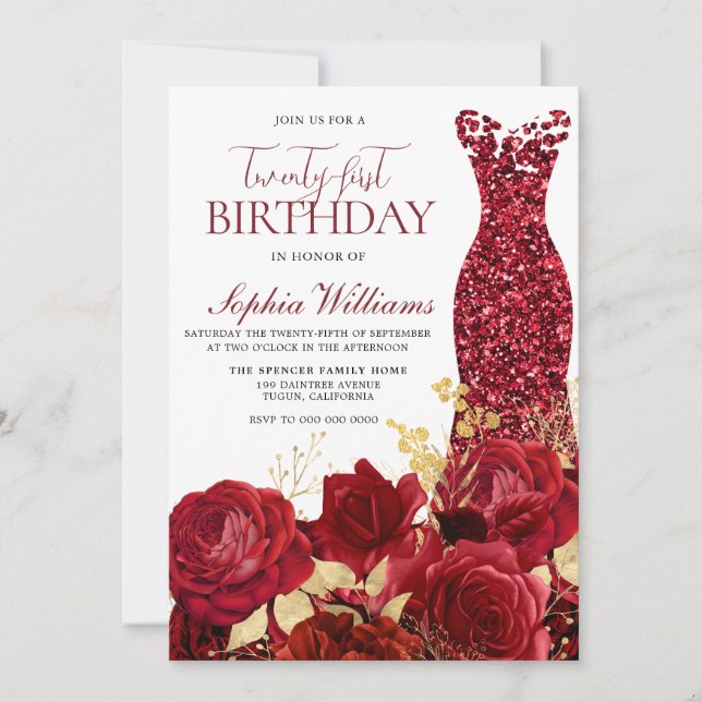Invitation Robe rouge étincelante Rose Gold 21e fête d'annive (Devant)