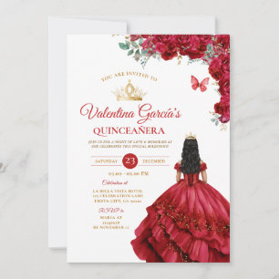 Invitation Robe Rouge fille Quinceañera 15 Anos Fleurs Or