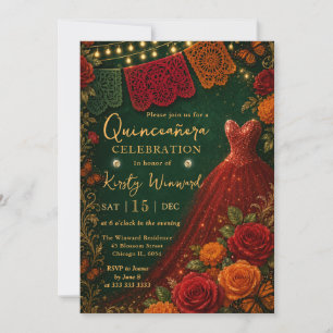 Invitation Robe rouge florale de fiesta mexicaine Quinceanera