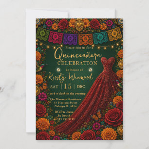 Invitation Robe rouge florale de fiesta mexicaine Quinceanera