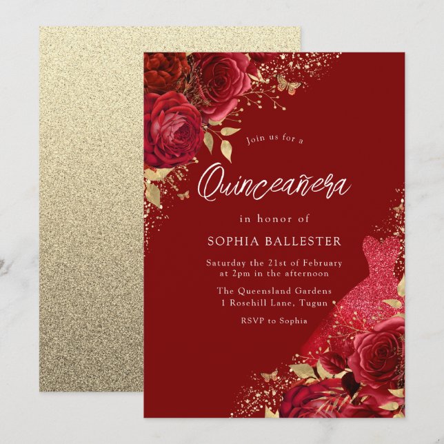 Invitation Robe Rouge & Or & Rose Quinceanera Party (Devant / Derrière)