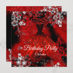 Invitation Robe Rouge Plumes Argent fête d'anniversaire