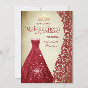 Invitation Robe rouge vintage damas or tiara Quinceañera I