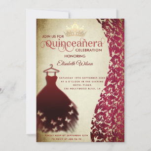 Invitation Robe rouge vintage damé or tiara Quinceañera