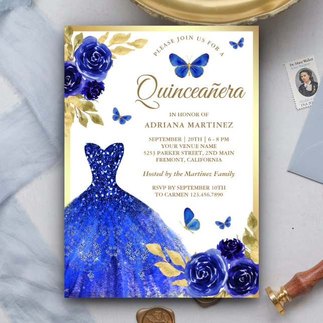 Invitation Robe Royal Bleue Florale Papillon Or Quinceanera (Créateur téléchargé)