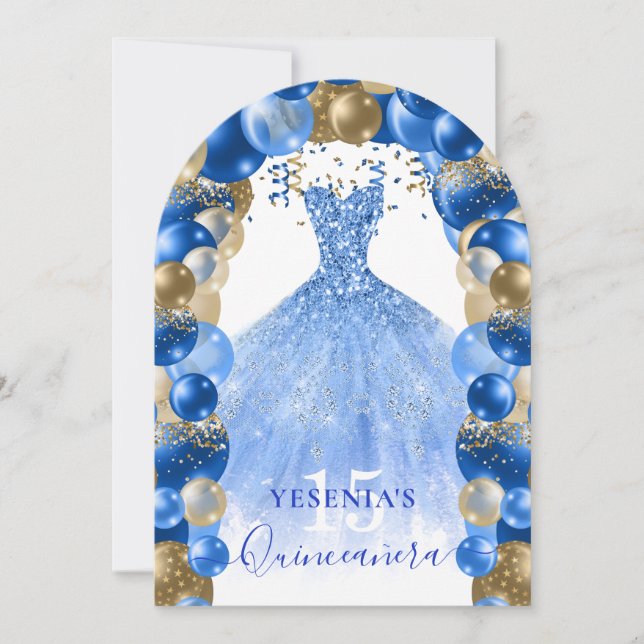 Invitation Robe Royal Bleue Or Étincelle Quinceañera Balloon (Devant)