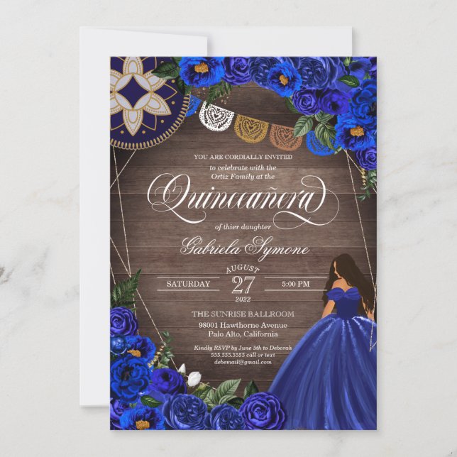 Invitation Robe Royal Bleue Rose Ouest Charro Quinceanera (Devant)