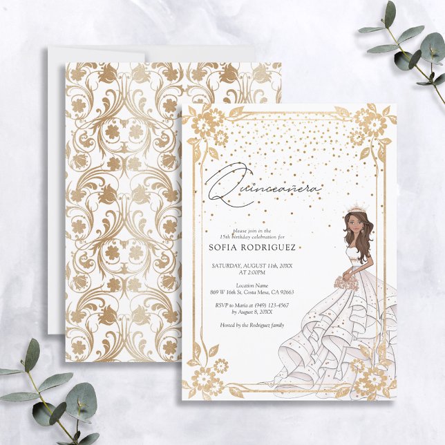 Invitation Robe royale blanche et or Quinceanera Anniversaire (Créateur téléchargé)