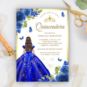 Invitation Robe royale bleu florale papillon Quinceanera