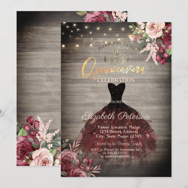 Invitation Robe Rustique, Tiara, Lumières Rose Wood Quinceañe (Devant / Derrière)