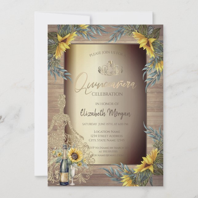 Invitation Robe Rustique Tournesols Bois Quinceañera (Devant)