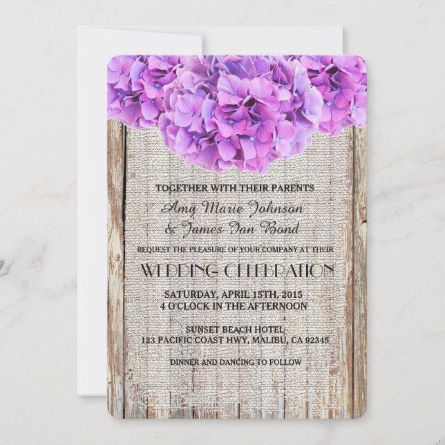 Invitation Robe rustique violet hydrangée mariage invite ph1 (Devant)