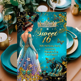 Invitation Robe sarcelle or 16e anniversaire Papillon