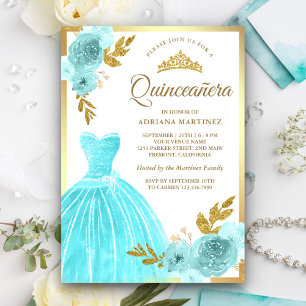 Invitation Robe scintillante Aqua Bleu Floral Or Quinceanera