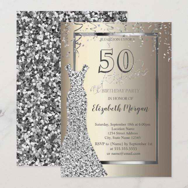 Invitation Robe Sequins Argent Or 50e anniversaire (Devant / Derrière)