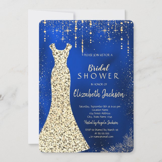 Invitation Robe Sequins d'or, Confetti Royal Blue Bride (Devant)