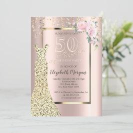 Invitation Robe Sequins d'or, Rose de fleurs Or 50e anniversa