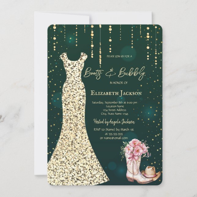 Invitation Robe Sequins Or, Bottes Fleurs Vert (Devant)