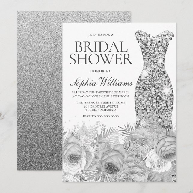 Invitation Robe Sliver Grey Sparkle & Fête des mariées Floral (Devant / Derrière)