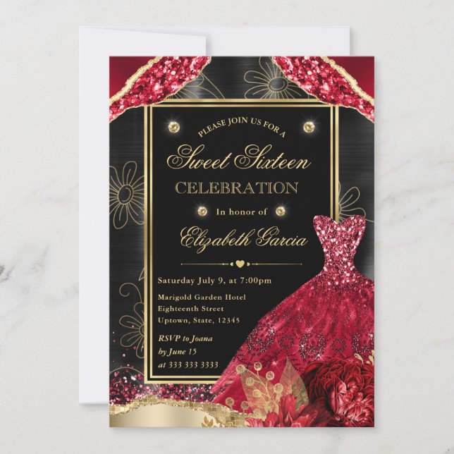 Invitation Robe Sweet sixteen or et Parties scintillant rouge (Devant)