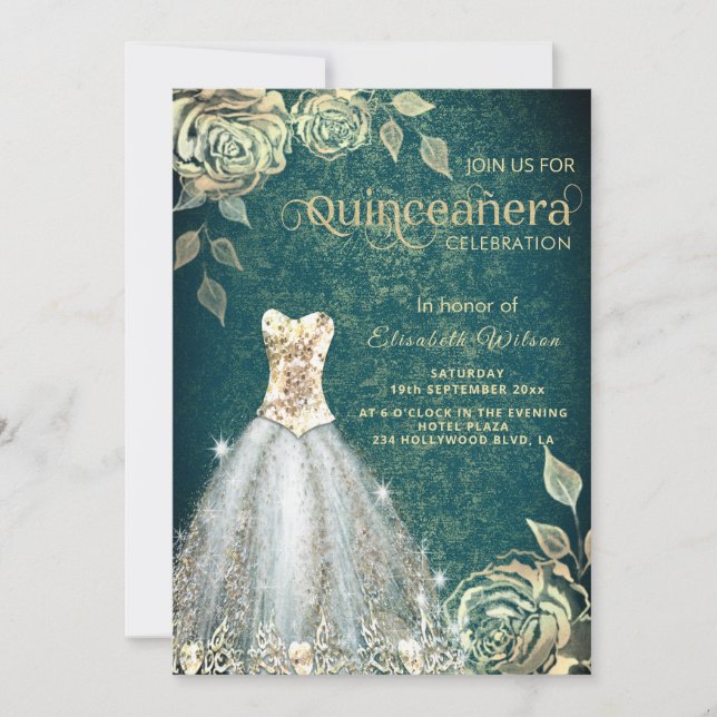 Invitation Robe tendance rose or vert chic Quinceañera Inv (Devant)