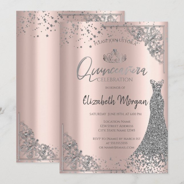 Invitation Robe Tiara Argent Stars Rose Gold Quinceañera (Devant / Derrière)