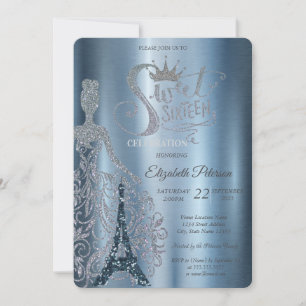 Invitation Robe, Tiara, Diamants Tour Eiffel Bleu Sweet 16