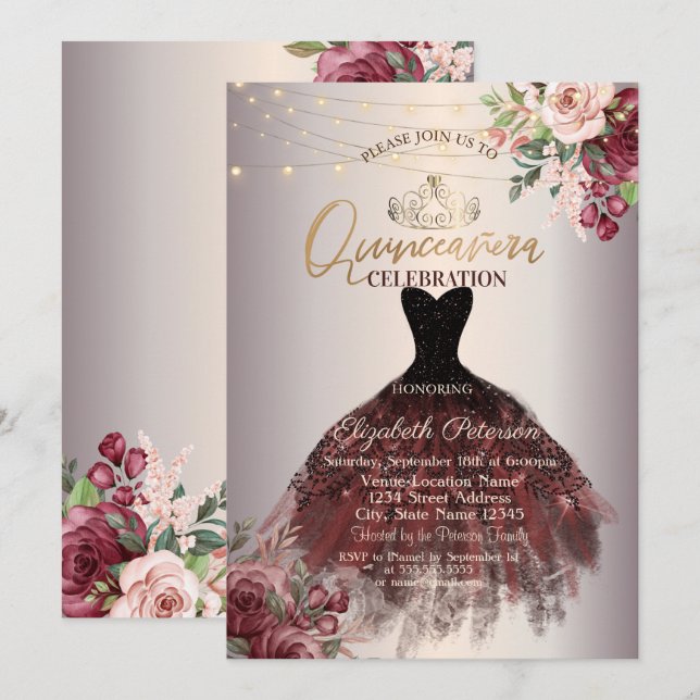 Invitation Robe, Tiara, Lumières Roses, Rose Gold Quinceañera (Devant / Derrière)