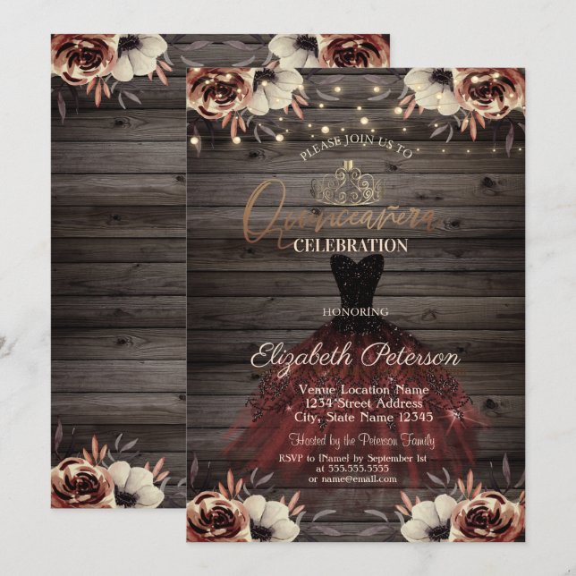 Invitation Robe, Tiara, Lumières Roses rouges Bois Quinceañer (Devant / Derrière)