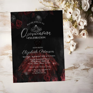Invitation  Robe, Tiare Argenté, Roses Rouges Quinceañera  