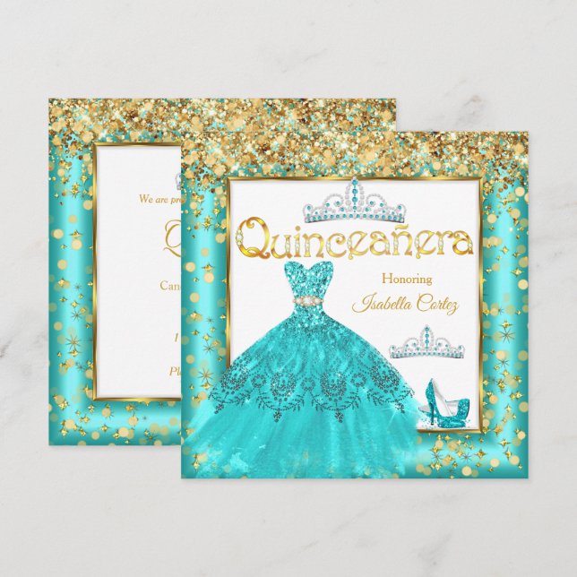 Invitation Robe Turquoise de la Quinceañera hauts talons Or (Devant / Derrière)